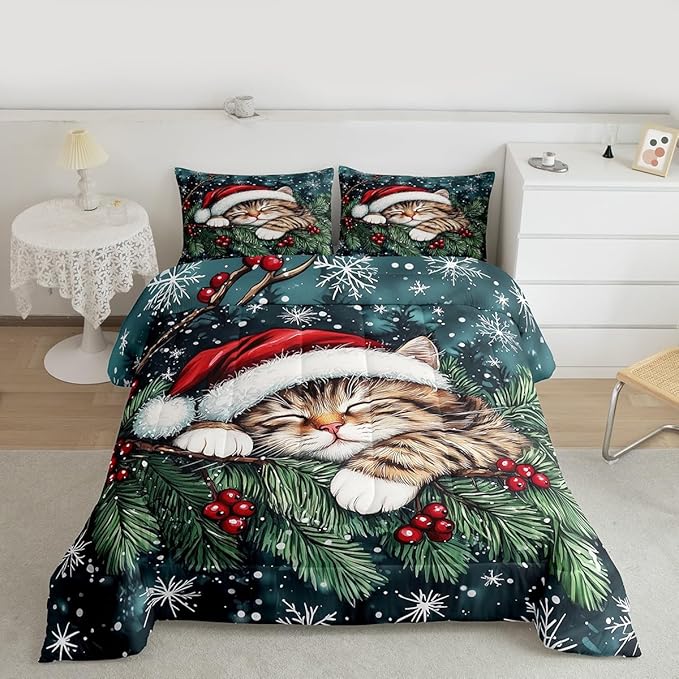 Cute Cat Kid Comforter Set Full Size,Winter Holly Berry Snowflake Bedding Set,Girl Boy Room Decor,Animal Merry Christmas Poinsettia Quilt Comforter,Dark Green Duvet Set Bedroom Quilt Set,2 Pillowcases