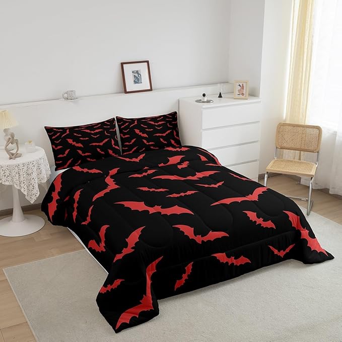 Erosebridal Bat Bedding Set Halloween Comforter Set with 1 Pillow Case Red Bats Animals Quilt Toddler Size for Kids Boys Bedroom Holiday Gothic Spooky Style Quilt