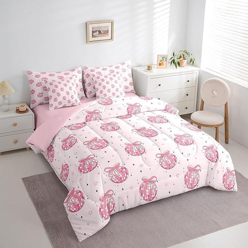 7 Pieces Bowknot Princess Kid Comforter Set Twin,Disco Crystal Ball Western Cowgirl Bedding Set,Star Bow Tie Sweet Romantic Pink Dreamy（Comforter+Fitted+Flat Sheet+2 Pillowcases+2 Throw Pillow Covers）