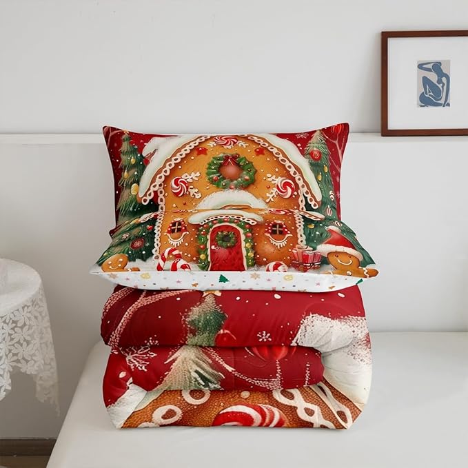 jejeloiu Kids Christmas Theme Comforter Set King Size Xmas Tree Gingerbread Man Bedding Set for Boys Girls Teens Candy Cane House Winter Happy New Year Duvet Quilt Room Decor