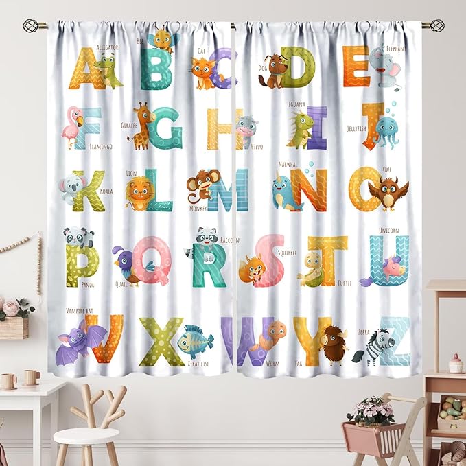 Kids Alphabet Curtains Educational Baby Cartoon Animals Colorful Cute Curtain with Rod Pocket for Nursery Living Room Home Decor Drapes Window Treatments 2 Panels Set 52x84in