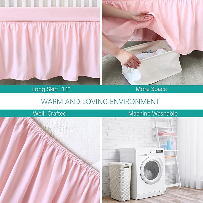 Crib Skirt Pleated Dust Ruffle Pink Nursery Room Decor for Girls Boys Crib Toddler Bedding 14" Drop fit Standard Crib Toddler Bed Skirts Machine Washable