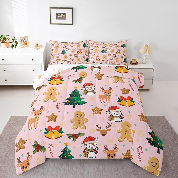 Feelyou Merry Christmas Bedding Set Soft for Boys Girls, Gingerbread Man Comforter Set Queen Size Cute Deer Duvet Quilt Microfiber Christmas Tree 3 Pcs with 2 Pillow Cases