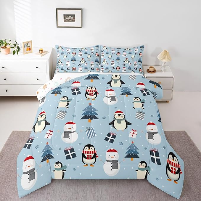 Feelyou Merry Christmas Bedding Set Soft for Boys Girls, Penguin Comforter Set Twin Size Xmas Tree Snowman Duvet Quilt Microfiber Gift Snowflake Bedroom Decor 2 Pcs with 1 Pillow Cases