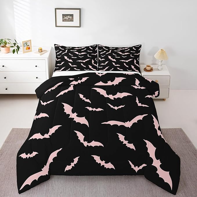Erosebridal Bat Comforter Set Halloween Pink Bats Bedding Set with 1 Pillow Case Silhouette Gothic Quilt Twin Size for Kids Boys Youth Gothic Spooky Bedding Comforter Sets,Black