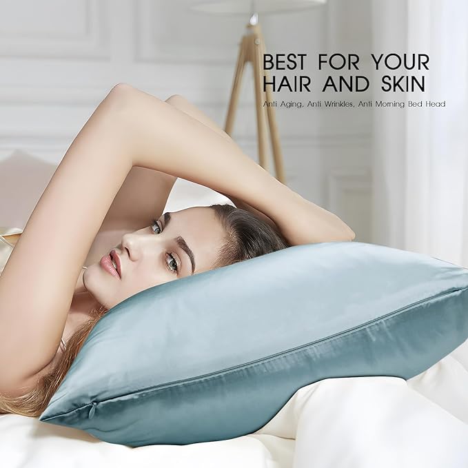100% Mulberry Silk Pillowcase for Hair and Skin,Both Sides Natural Silk Bed Pillow Case with Hidden Zipper,19 Momme Grade 6A,1pc,Pale Blue,Standard Size 20x26 Inches
