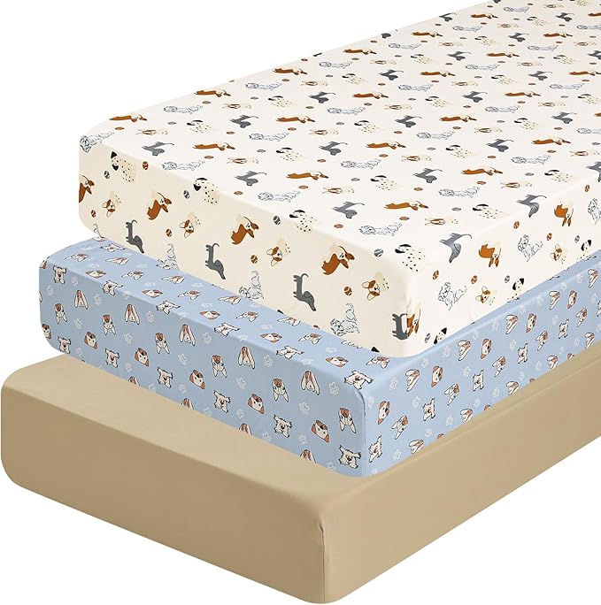PHF 3 Pack Soft Pet Dogs Crib Sheets Fitted, Comfy Breathable Baby Sheets for Boys Girls, 28x52 Inches Fits Standard Crib and Toddler Mattresses, Pet Dogs