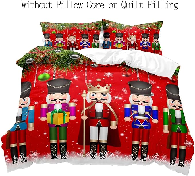 LUVIVIHOME 3PCS Christmas Nutcracker Duvet Cover Full Bedding Set, Teens Boys Girls Kids Bedding, Christmas Balls Snowflake Winter Holiday Festival Xmas Gifts Red Comforter Quilt Cover, 2 Pillow Shams