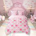 7 Pieces Cartoon Frog Kids Comforter Set Queen,Pink Bowknot Bow Tie Butterfly Knot Bedding Set,Geometric Plaid Grid Patchwork Cute（Comforter+Fitted+Flat Sheet+2 Pillowcases+2 Throw Pillow Covers）