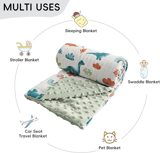 david's kids Muslin Minky Baby Blanket for Boys Girls with Muslin Cotton Front and Dotted Fleece Backing, Breathable and Soft Lightweight Receiving Blanket for Newborns, 30x40 Inches, Dinosaur