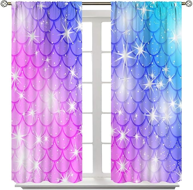 Mermaid Blackout Curtains, Kids Cartoon Blue and Pink Ocean Mermaid Scale Pattern Decoration for Girls Bedroom Nursery Curtains 55x63 Inch