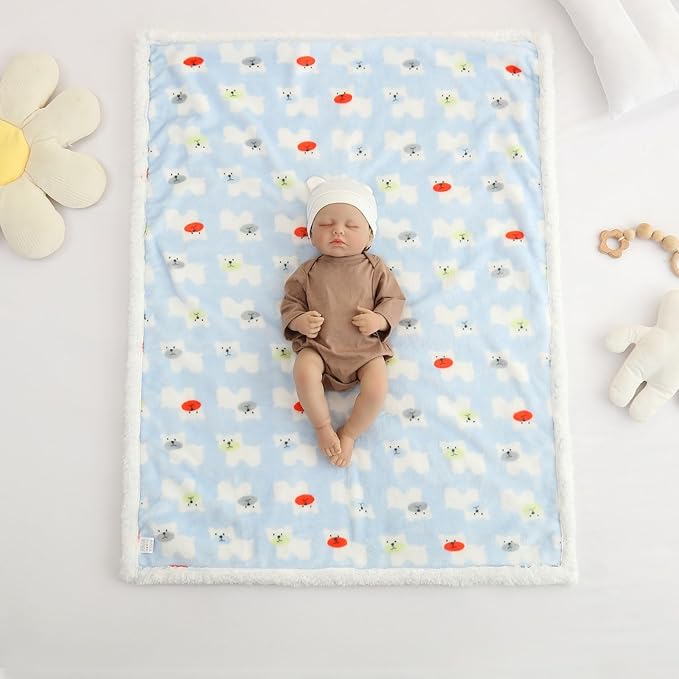 Flannel Baby Blanket Reversible Super Soft Blankets for Boys Girls Infant Newborn Sherpa Receiving Blankets for Crib Stroller Blue 30" x 40"