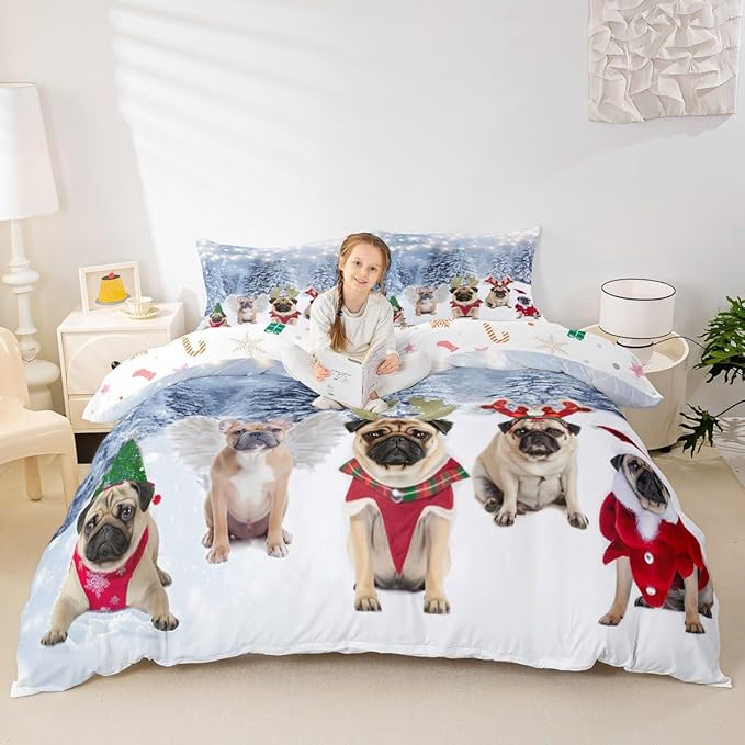 Dog Xmas Duvet Cover Cute Pug Dog Christmas Tree Style Bedding Set 3D Animal Comforter Cover for Boys Girls Children Teens Bedroom Decor White Blue Bedspread Cover Queen Size With 2 Pillow Case