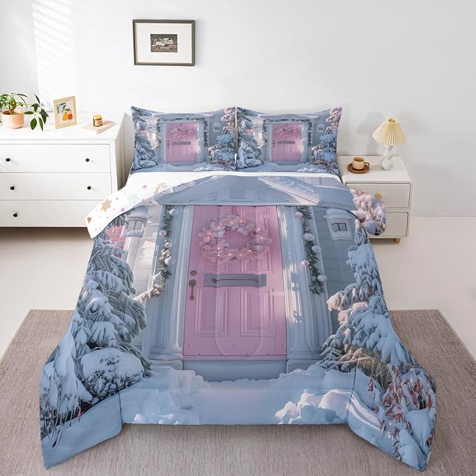 Feelyou Winter Snowscape Bedding Set Soft for Boys Girls, Merry Christmas Comforter Set Full Size Pink Door Duvet Quilt Microfiber Garland Xmas Tree Bedroom Decor 3 Pcs with 2 Pillow Cases