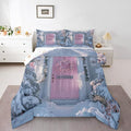 Feelyou Winter Snowscape Bedding Set Soft for Boys Girls, Merry Christmas Comforter Set King Size Pink Door Duvet Quilt Microfiber Garland Xmas Tree Bedroom Decor 3 Pcs with 2 Pillow Cases