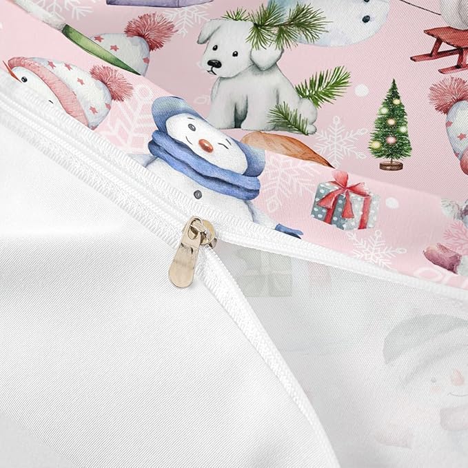 Manfei Christmas Duvet Cover Set Twin Size, Cute Snowman Dogs Snowflake Comforter Cover with 1 Pillowcase, New Year Pink Bedding Set 2pcs for Kids Boys Girls Lightweight Bedspread Cover,No Comforter