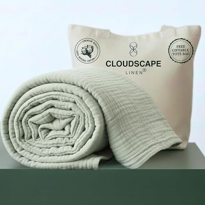 Cloud Scape Linen 4 Layer Oversized Muslin Blanket King Size - 100% Cotton, Lightweight & Breathable All Season Blanket for Bed, fits California King, 92x108, Seafoam Green