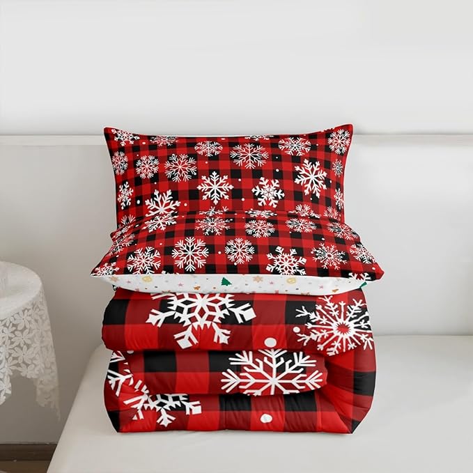 Feelyou Christmas Comforter Set Queen Size Red Black Plaid Bedding Set for Kids Boys Girls Winter Snow Duvet Quilt Snowflake Red Bedroom Decor Microfiber 3 Pcs with 2 Pillow Cases