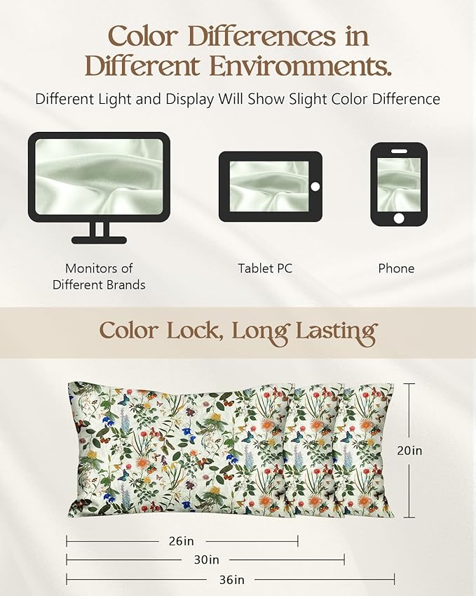 Silk Pillowcase 2 Pack - Pillow Cases 20" x 30" Queen Size Set of 2 for Hair and Skin Smooth Soft Breathable with Hidden Zipper Cooling Pillow Covers for Sleeping, Butterfly Plant