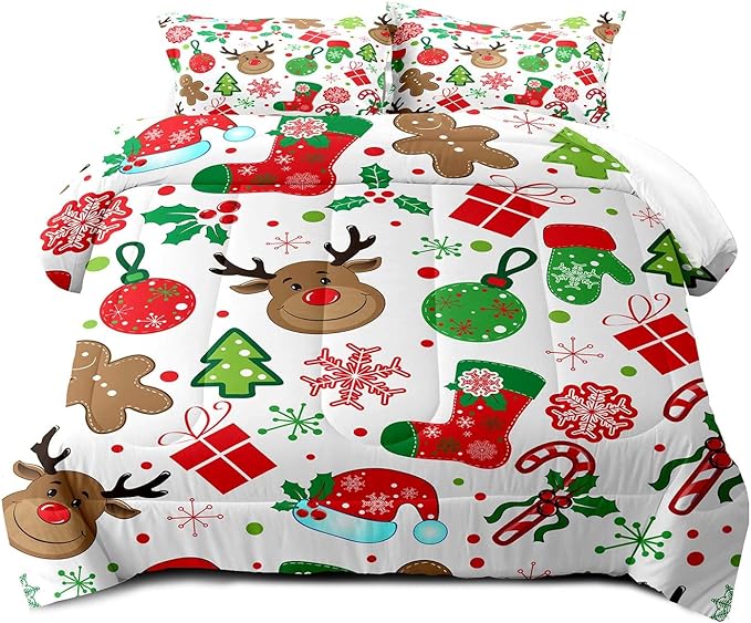 LUVIVIHOME 3PCS Christmas Comforter Set King Size, Boys Girls Kids Bedding, Cute Reindeer Snowflake Gingerbread Candy Cane Snowflake Holiday Christmas Bedding, Green Red White Quilt, 2 Pillow Shams