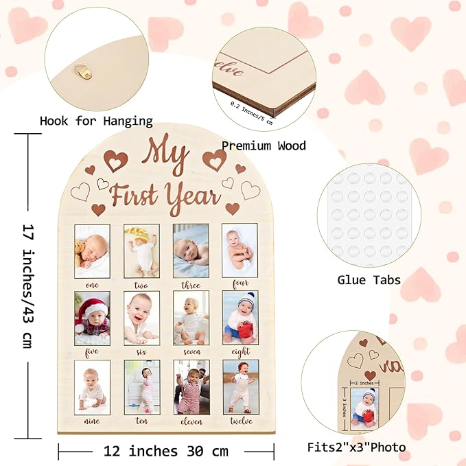 Photo Frame My First Year Photo Display Board, 17x12 INCH - Fits 2 x 3 Inch Photo, Baby's One Year Picture Frame 12 Months Milestone Board Nursery Decor Gift for Boy Girl（Heart