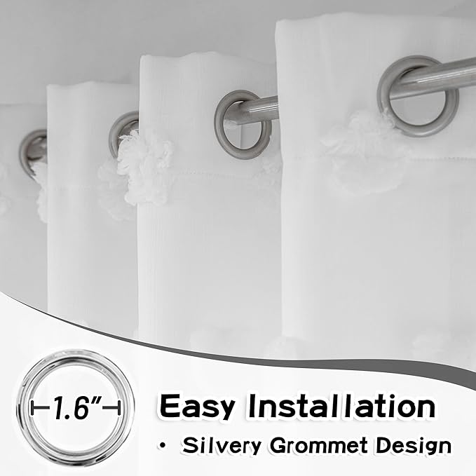 MYSKY HOME Light Blocking White Curtains for Living Room White Sheer Pom Pom Kids Room Decor Drapes 108 Inches Long Double Layer Curtain for Sliding Door Grommet Window Panels Set of 2 52" x 108"
