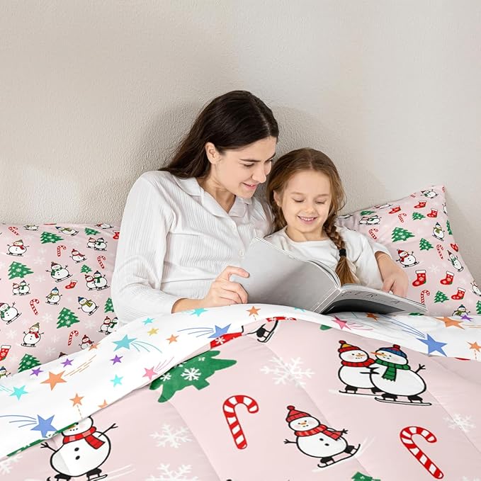 Feelyou Pink Christmas Comforter Set Full Size Snowman Bedding Set for Kids Boys Girls Snowflake Duvet Quilt Xmas Tree Bedroom Decor Microfiber 3 Pcs with 2 Pillow Cases