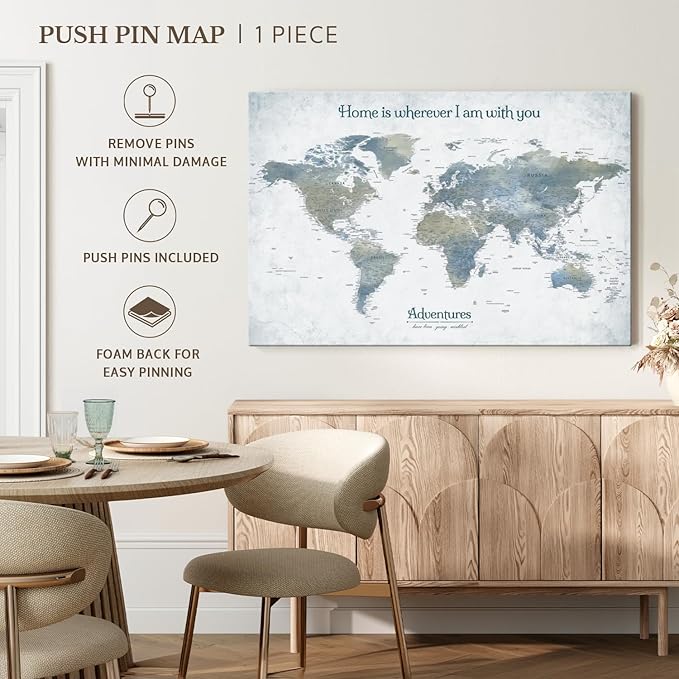 ElephantStock - Home With You II Push Pin World Map Wall Art - Horizontal Canvas Wall Art - Living Room Wall Decor - Digital Art Map Canvas Art - Blue And Gray Decor - 45" x 30"