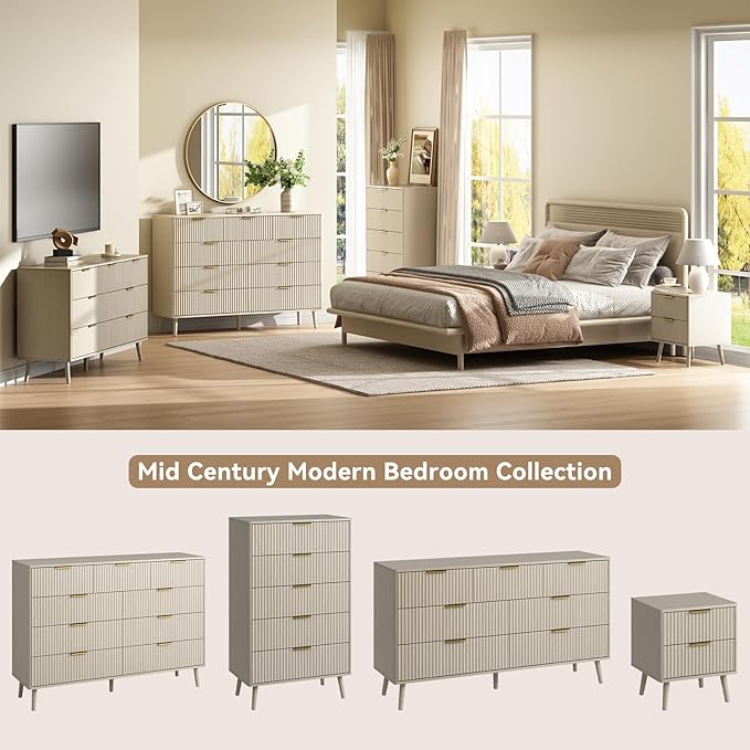 CARPETNAL Fluted 5 Drawers Dresser for Bedroom, 45" Tall Wooden Chest of Drawers with Rounded Corners, Gold Handles, Modern Storage Organizer for Bedroom, Hallway (Beige)