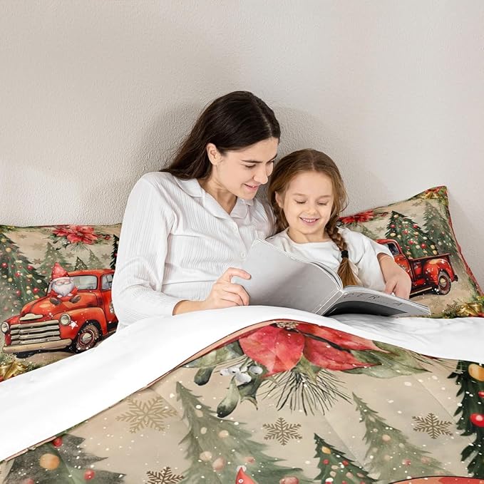 Manfei Red Truck Comforter Set King Size, Xmas Trees Santa Claus Snowflake Bedding Set 3pcs for Kids Boys Girls Room Decor, Christmas Theme Down Comforter New Year Quilt Set with 2 Pillowcases