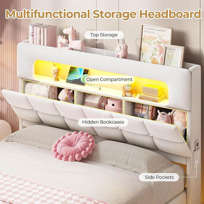MSmask Queen Upholstered LED Bed Frame with 2-Tier Storage Bookcase Headboard, Velvet Princess Bed with Crystal Button Tufted Headboard & Charging Station, Girls Platform Bed, Curved Legs, White