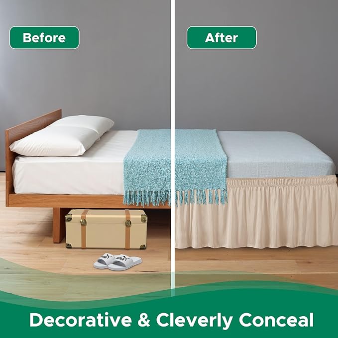 Biscaynebay Wrap Around Bed Skirts for Queen Beds 19" Long Drop, Sand Adjustable Elastic Dust Ruffles Easy Fit Wrinkle Resistant Silky Luxurious Fabric Machine Washable