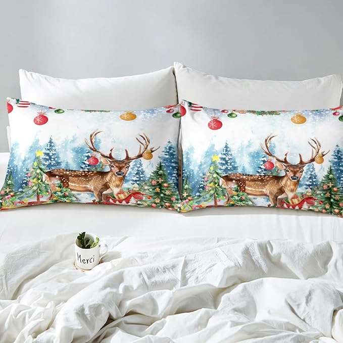 Manfei Merry Christmas Duvet Cover King Size,Watercolor Christmas Trees Gifts Wild Moose Super Soft Bedding Set for Boys Girls,Winter Happy New Year Comforter Cover Bedding 3 Piece (No Comforter)