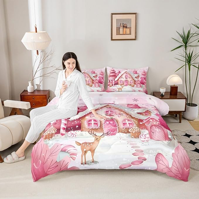 jejeloiu Kids Christmas Theme Comforter Set Toddler Pink Xmas Candy Cane House Bedding Set for Boys Girls Teens Cute Cartoon Deer Winter Animal Happy New Year Duvet Quilt Room Decor