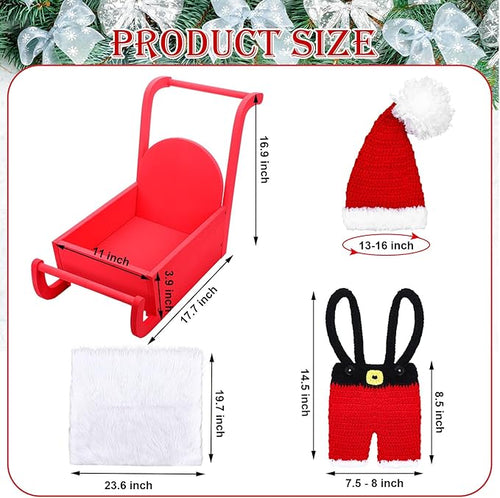 3 Set Christmas Newborn Photography Props Mini Red Sleigh Newborn Photography Basket Christmas Cap Crochet Santa Claus Outfits White Fur Blanket for Baby New Baby Photographic Props