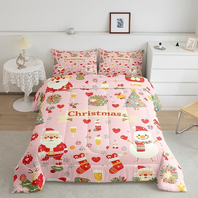 Feelyou Christmas Bedding Set for Kids Boys Girls Queen Size Cute Santa Claus Comforter Set Ultra Soft Comforter Xmas Tree Duvet Quilt Bedroom Decor Christmas Decor Quilt