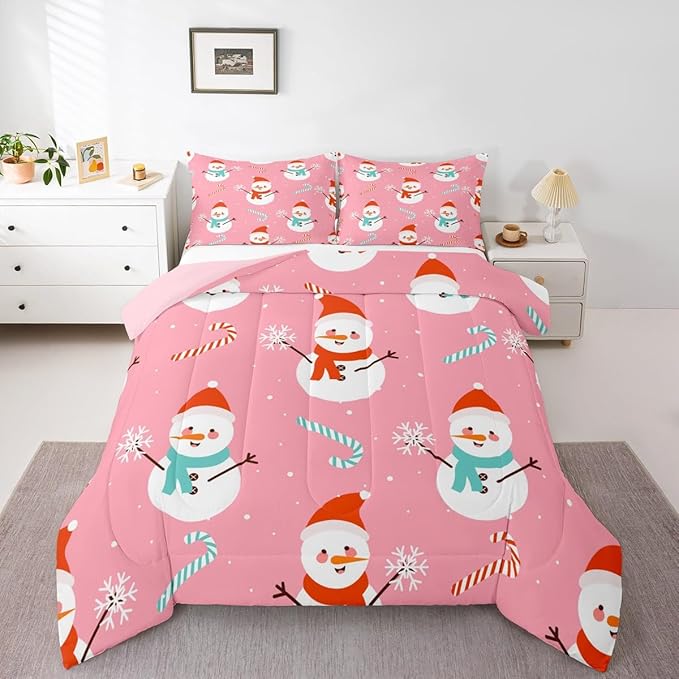Feelyou Pink Christmas Bedding Set Soft for Boys Girls, Snowman Comforter Set Full Size Snowflake Duvet Quilt Microfiber Candy Cane Bedroom Decor 3 Pcs with 2 Pillow Cases