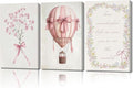 3Pcs Pink Nursery Canvas Wall Art Pictures Cute Baby Girls Room Posters Print Neutral Pink Bow Bouquet Hot Air Balloon Pastel Painting Wall Decor for Kids Room Little Girl Bedroom 16x24in Framed