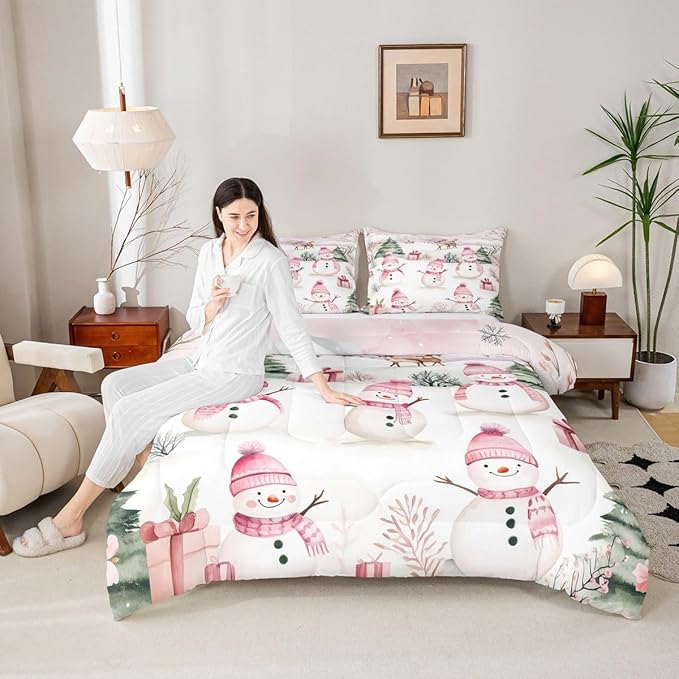 Manfei Merry Christmas Comforter Set King Size,Cute Snowman Pine Trees Deer Bedding Set 3pcs,New Year Theme Down Comforter for All Season,Kids Boys Girls Room Decor,2 Pillowcases,No Sheets