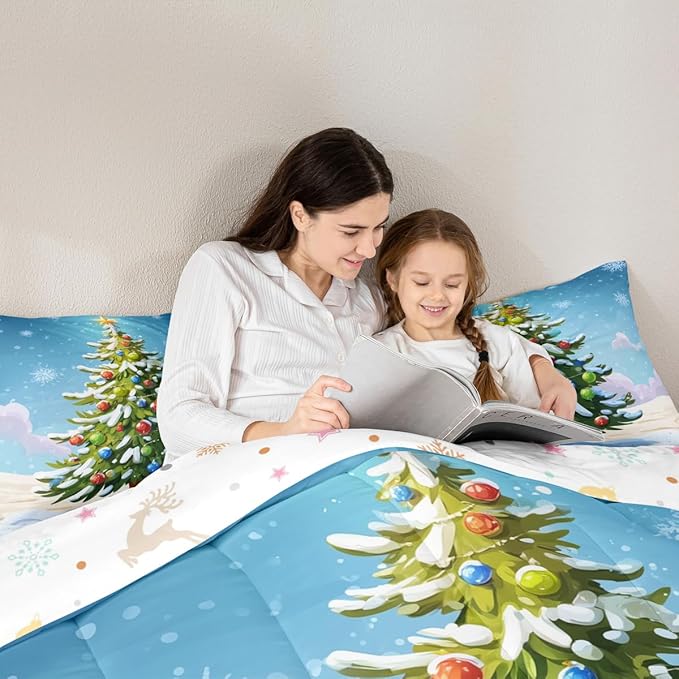 Feelyou Christmas Bedding Set Soft for Boys Girls, Xmas Tree Comforter Set Toddler Size Christmas Tree Ornaments Duvet Quilt Microfiber Winter Snowflake Bedroom Decor 2 Pcs with 1 Pillow Cases