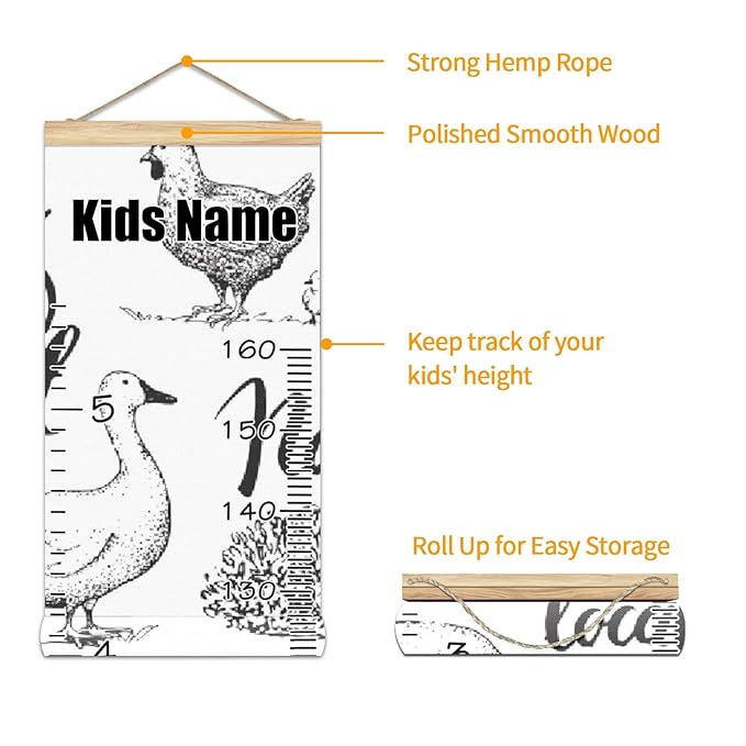 Personalized Kids Name Growth Chart Ruler for Wall Wood Frame Height Measure Chart 13.4x56 in Linen Hanging Height Growth Chart Farm Animal Cow Pig Rooster Kids Room Decor