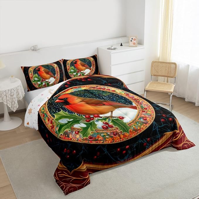 Feelyou Merry Christmas Comforter Set King Size Robin Bird Bedding Set for Kids Boys Girls Snowflake Duvet Quilt Winter Bedroom Decor Microfiber 3 Pcs with 2 Pillow Cases