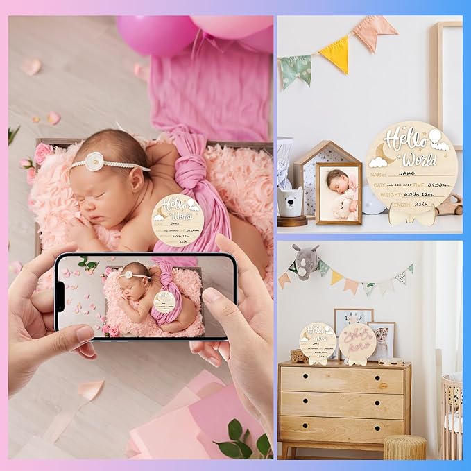 2PCS Hello World Newborn Sign and she's here, Gender Reveal Welcome baby Announcement Sign Board Wooden Birth Name Announcement Plaque and Pen for Baby Shower Photo Props Hospital Nursery