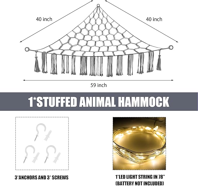 Stuffed Animal Hammock with LED Light, Large Stuffed Animals Storage Corner Plushie Net for Kids Room Decor, Grey