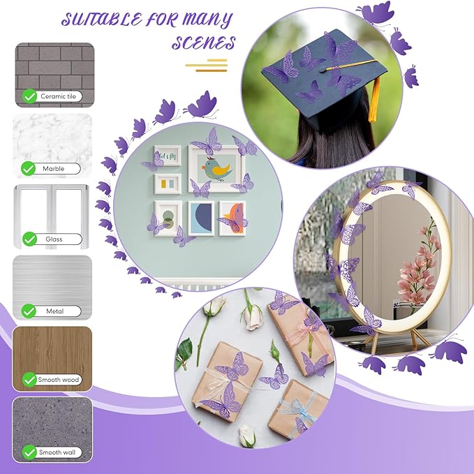 3D Gold Butterfly Wall Decor 3 Sizes 4 Styles Butterfly Party Decorations Cake Decorations Removable Stickers Wall Decor Room Mural Metallic Kids (Purple, 96Pcs)