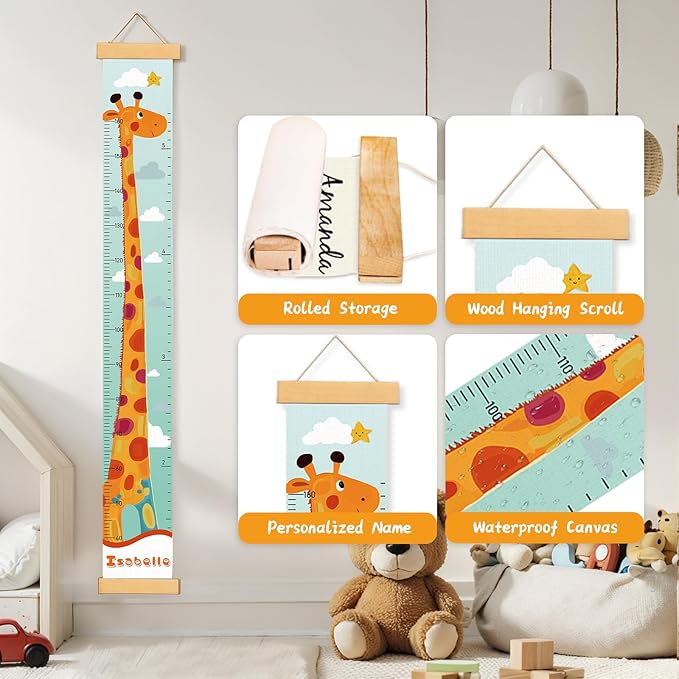 Personalized Name Growth Chart Wall Decor for Kids – Canvas Removable Height Chart Measuring Ruler 59" x 7.9" (Painted Giraffe)