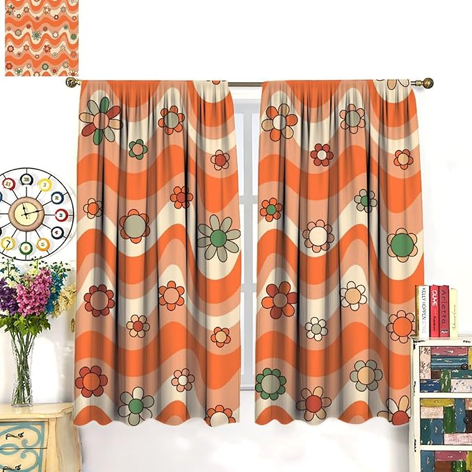 70s Boho Retro Curtains for Bedroom,Groovy Vintage Floral Rainbow Window Treatments Drapes for Kids Girls Window 55"" W X 63"" L, Style-6