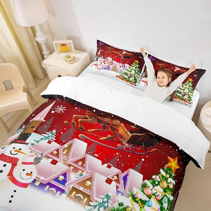 Manfei Christmas Duvet Cover Set King Size, Snowman Xmas Tree Bedding Set for Kids Boys Girls, Santa Claus with Reindeer Comforter Cover New Year Theme Quilt Cover with 2 Pillowcases, No Comforter