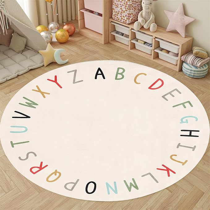 Round ABC Rugs-8ft Kids Round Rug Alphabet Numbers Shapes Educational Kid Area Rug Non Slip Kid Play Mat Carpet for Girl Boy Bedroom Playroom-White