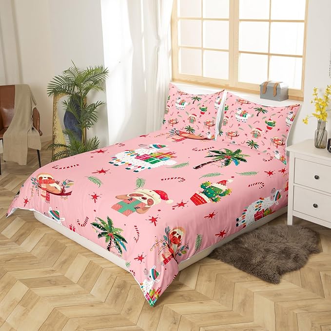 Manfei New Year Duvet Cover Set Full Size, Cute Xmas Sloth Alpaca Print Bedding Set 3pcs for Kids Boys Girls Bedroom Decor, Christmas Theme Comforter Cover with 2 Pillowcases,No Comforter